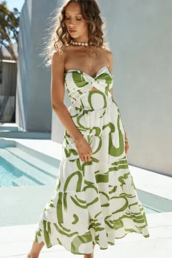 Vacation Dresses|Brunch Dresses>Hello Molly Carry A Tune Strapless Maxi Dress Green