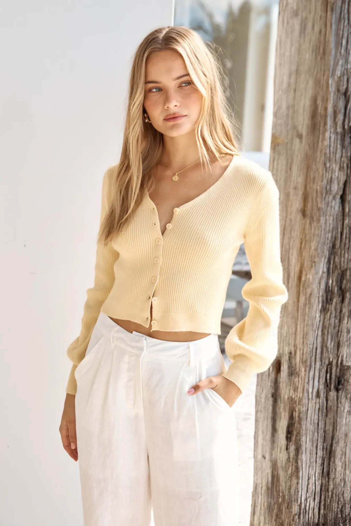 Cardigans|Long Sleeve>Hello Molly Chilly Days Ribbed Cardigan Top Yellow