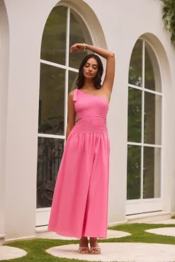 Cocktail Dresses|Vacation Dresses>Hello Molly Close Up One Shoulder Maxi Dress Hot Pink
