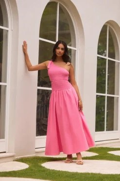Cocktail Dresses|Vacation Dresses>Hello Molly Close Up One Shoulder Maxi Dress Hot Pink