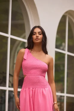 Cocktail Dresses|Vacation Dresses>Hello Molly Close Up One Shoulder Maxi Dress Hot Pink
