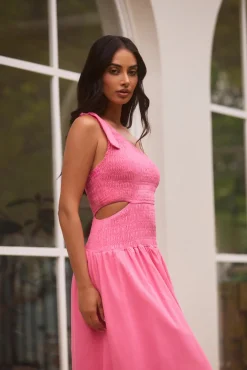 Cocktail Dresses|Vacation Dresses>Hello Molly Close Up One Shoulder Maxi Dress Hot Pink