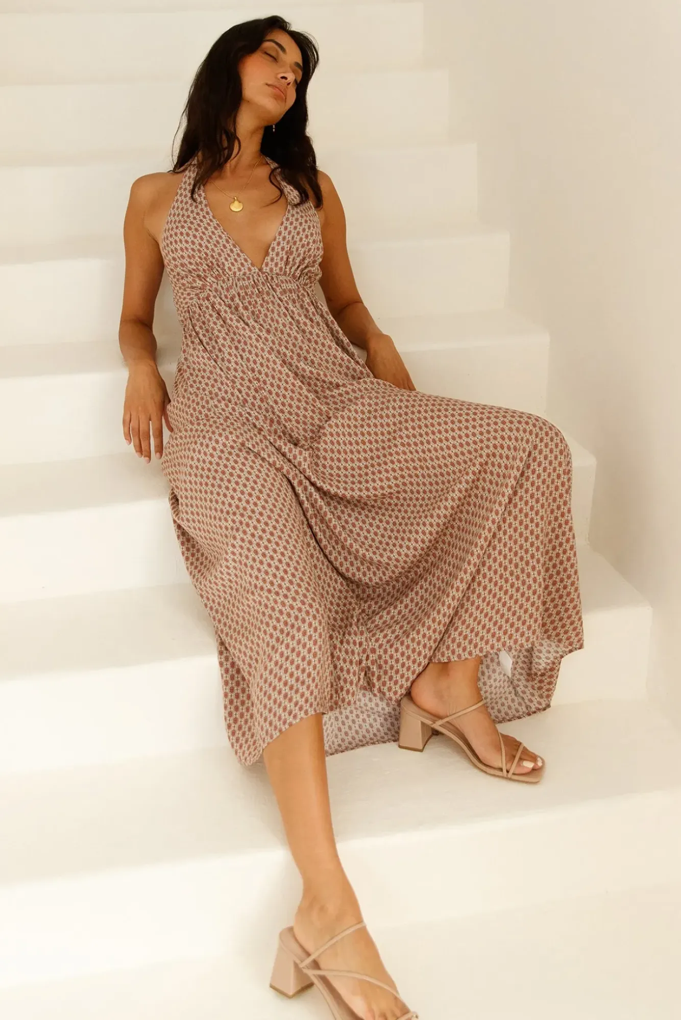 Vacation Dresses|Spring Break Dresses>Hello Molly Cobbled Streets Halter Maxi Dress Brown