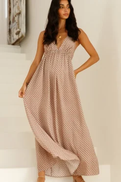 Vacation Dresses|Spring Break Dresses>Hello Molly Cobbled Streets Halter Maxi Dress Brown