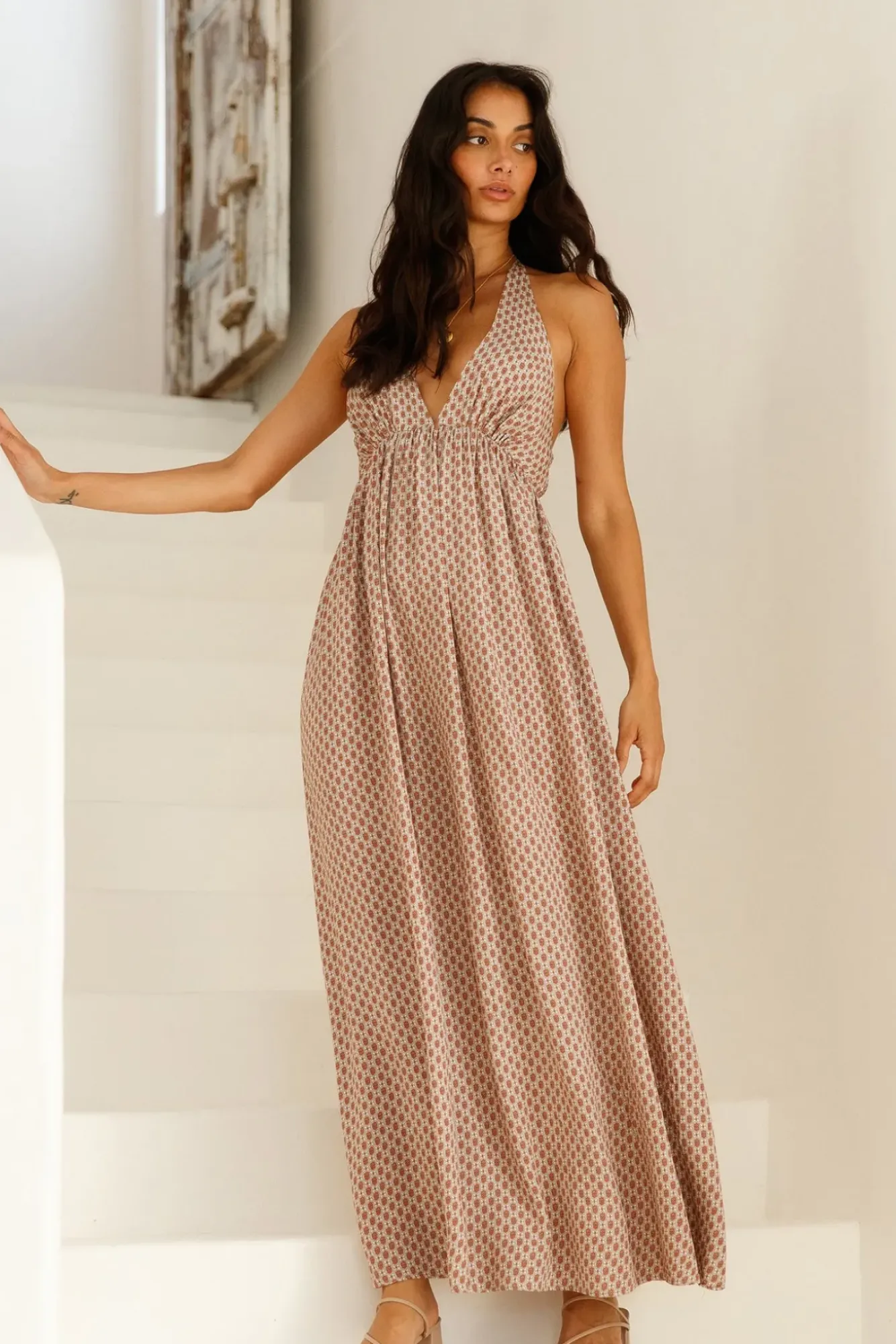 Vacation Dresses|Spring Break Dresses>Hello Molly Cobbled Streets Halter Maxi Dress Brown