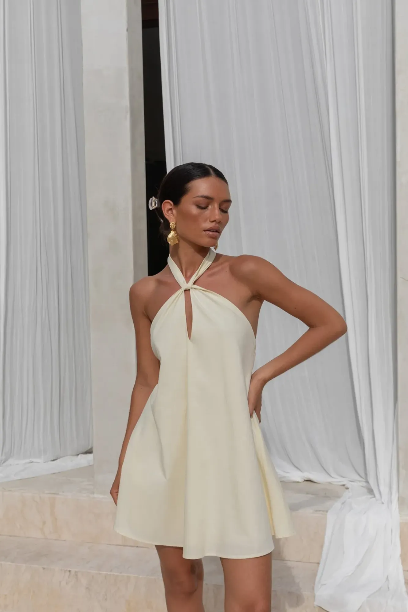 Vacation Dresses|Spring Break Dresses>Hello Molly Coconut Sips Halter Mini Dress Yellow
