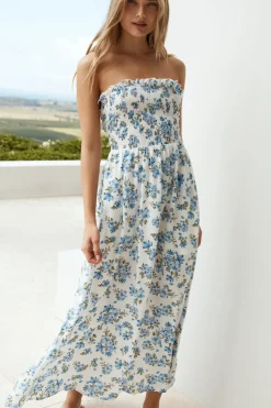 Vacation Dresses|Brunch Dresses>Hello Molly Cornflower Blooms Maxi Dress Blue