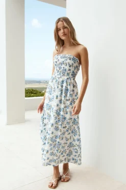 Vacation Dresses|Brunch Dresses>Hello Molly Cornflower Blooms Maxi Dress Blue