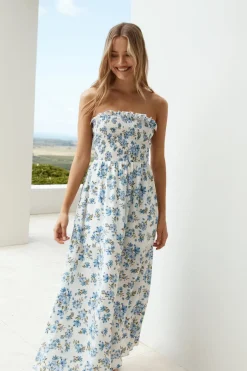 Vacation Dresses|Brunch Dresses>Hello Molly Cornflower Blooms Maxi Dress Blue