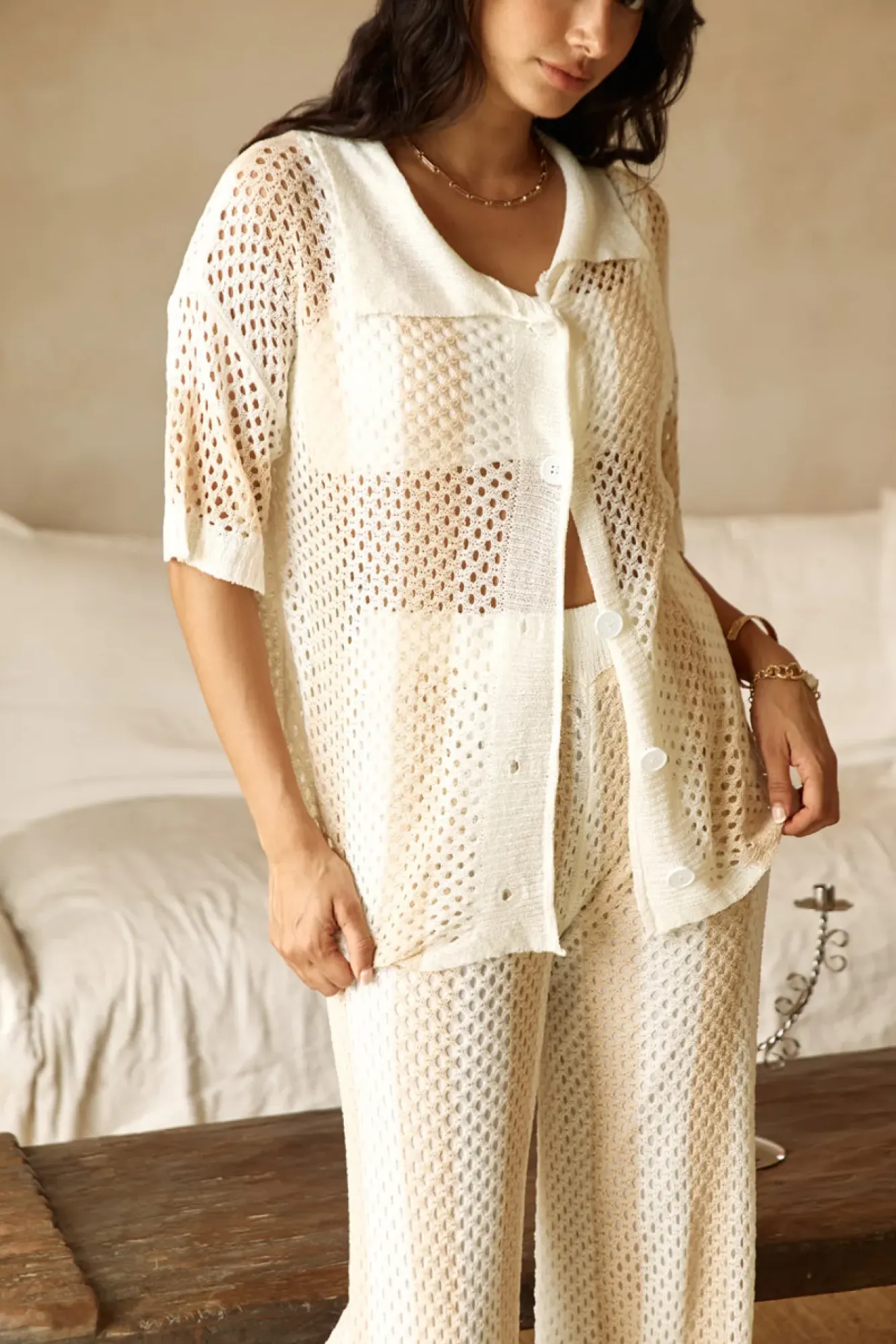 Two-Piece Pants Set>Hello Molly Cusp Of Wander Crochet Set Beige