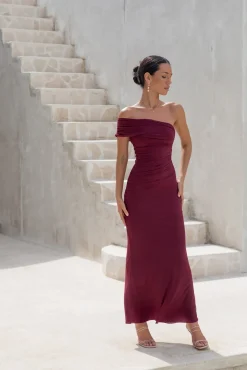 Wedding Guest Dresses|Formal Dresses>Hello Molly Dahlia One Shoulder Mesh Maxi Dress Maroon