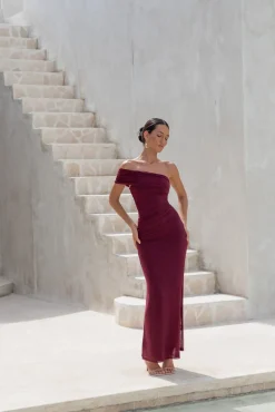 Wedding Guest Dresses|Formal Dresses>Hello Molly Dahlia One Shoulder Mesh Maxi Dress Maroon