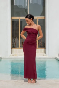 Wedding Guest Dresses|Formal Dresses>Hello Molly Dahlia One Shoulder Mesh Maxi Dress Maroon