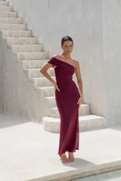 Wedding Guest Dresses|Formal Dresses>Hello Molly Dahlia One Shoulder Mesh Maxi Dress Maroon