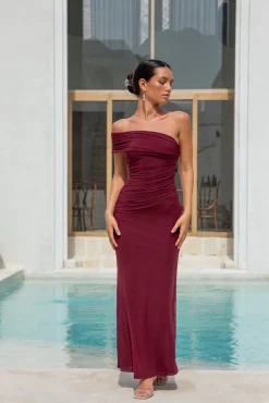 Wedding Guest Dresses|Formal Dresses>Hello Molly Dahlia One Shoulder Mesh Maxi Dress Maroon