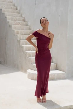 Wedding Guest Dresses|Formal Dresses>Hello Molly Dahlia One Shoulder Mesh Maxi Dress Maroon