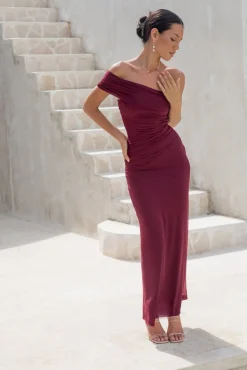 Wedding Guest Dresses|Formal Dresses>Hello Molly Dahlia One Shoulder Mesh Maxi Dress Maroon