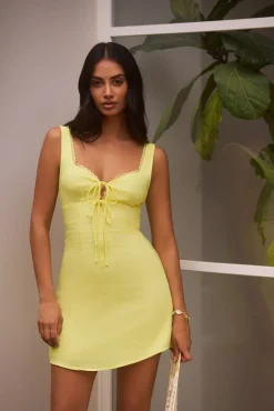 Vacation Dresses|Date Night Dresses>Hello Molly Dainty Romantic Linen Mini Dress Yellow