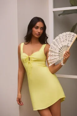 Vacation Dresses|Date Night Dresses>Hello Molly Dainty Romantic Linen Mini Dress Yellow