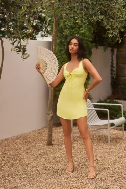 Vacation Dresses|Date Night Dresses>Hello Molly Dainty Romantic Linen Mini Dress Yellow
