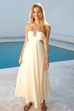 Cocktail Dresses|Vacation Dresses>Hello Molly Dance With Me Halter Maxi Dress Cream
