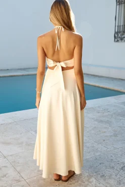 Cocktail Dresses|Vacation Dresses>Hello Molly Dance With Me Halter Maxi Dress Cream