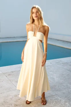 Cocktail Dresses|Vacation Dresses>Hello Molly Dance With Me Halter Maxi Dress Cream