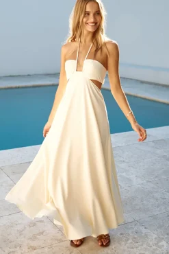 Cocktail Dresses|Vacation Dresses>Hello Molly Dance With Me Halter Maxi Dress Cream