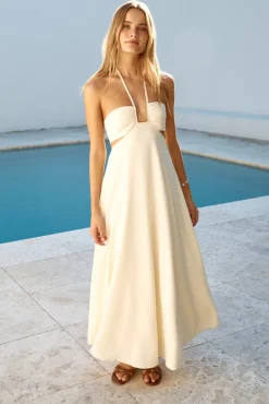 Cocktail Dresses|Vacation Dresses>Hello Molly Dance With Me Halter Maxi Dress Cream