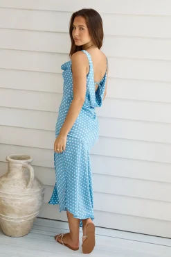 Wedding Guest Dresses|Cocktail Dresses>Hello Molly Dotted Moment Satin Polka Dot Midi Dress Blue