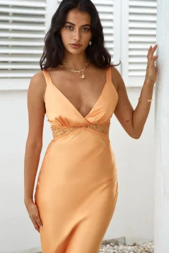Wedding Guest Dresses|Formal Dresses>Hello Molly Drinks At Sunset Satin Maxi Dress Orange