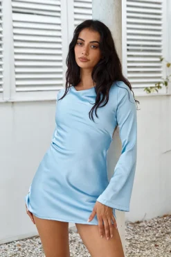 Date Night Dresses|Brunch Dresses>Hello Molly Elegant Evenings Satin Mini Dress Blue
