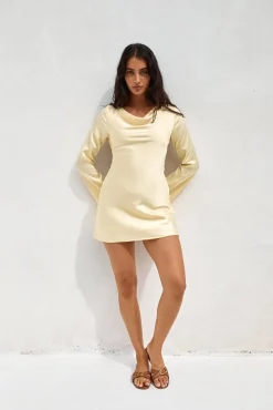 Date Night Dresses|Brunch Dresses>Hello Molly Elegant Evenings Satin Mini Dress Yellow