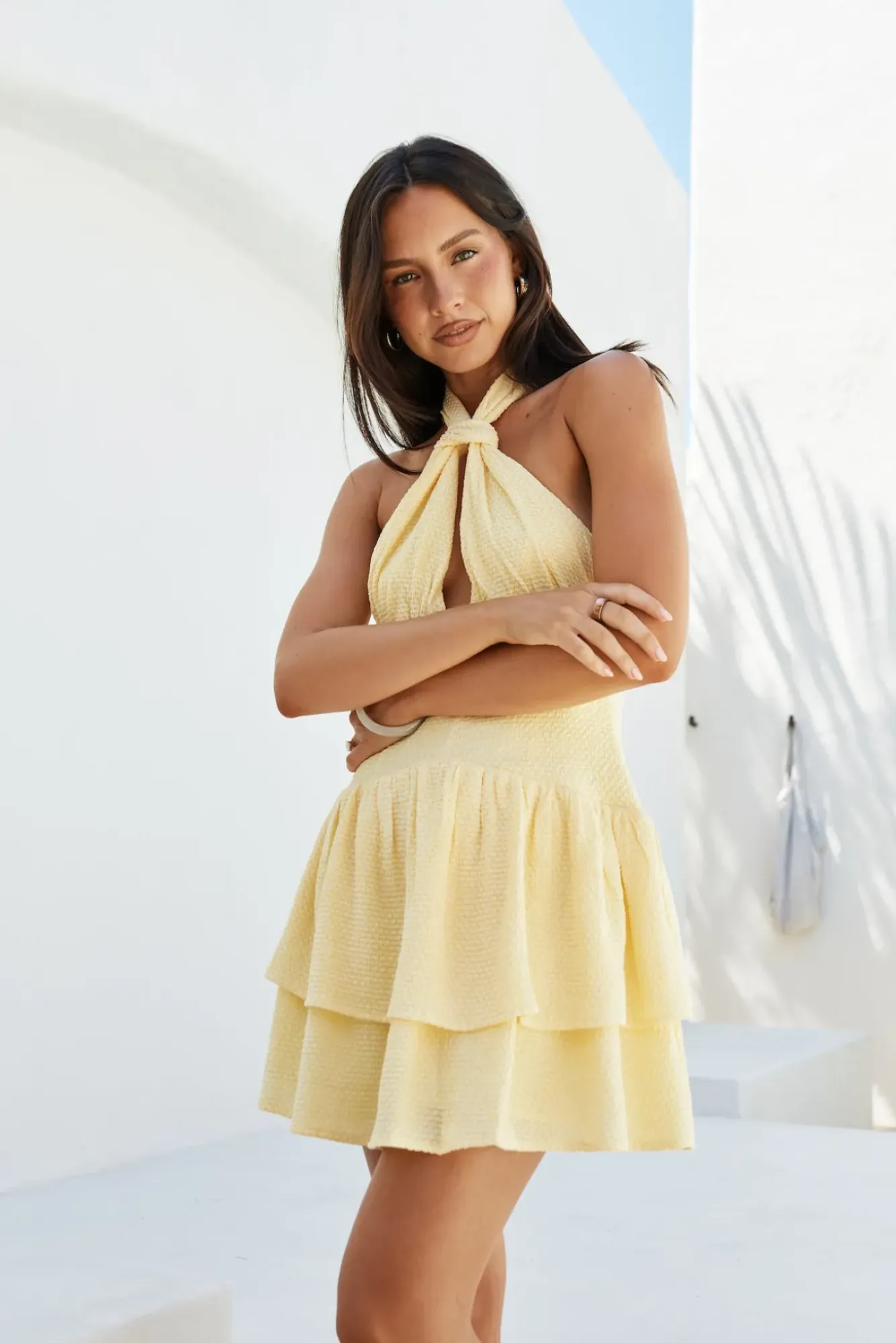 Mini Dresses|Flowy Dresses>Hello Molly Enchanted Evenings Halter Mini Dress Yellow