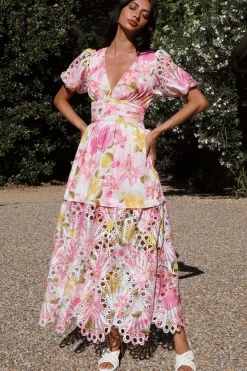 Cocktail Dresses|Brunch Dresses>Hello Molly Floral Skies Maxi Dress Pink