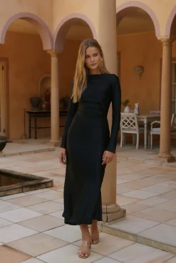 Maxi Dresses>Hello Molly Forget Me Not Satin Maxi Dress Black