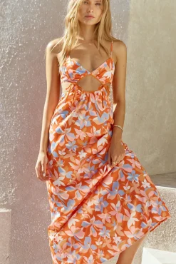 Vacation Dresses|Brunch Dresses>Fortunate One Summertime Satin Maxi Dress Orange
