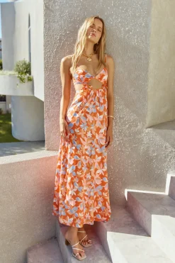 Vacation Dresses|Brunch Dresses>Fortunate One Summertime Satin Maxi Dress Orange