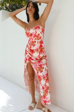 Cocktail Dresses|Brunch Dresses>Hello Molly Gardenia Strapless Maxi Dress Red