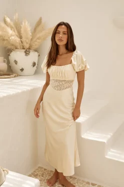Wedding Guest Dresses|Cocktail Dresses>Hello Molly Gilded Daydreams Satin Maxi Dress Yellow