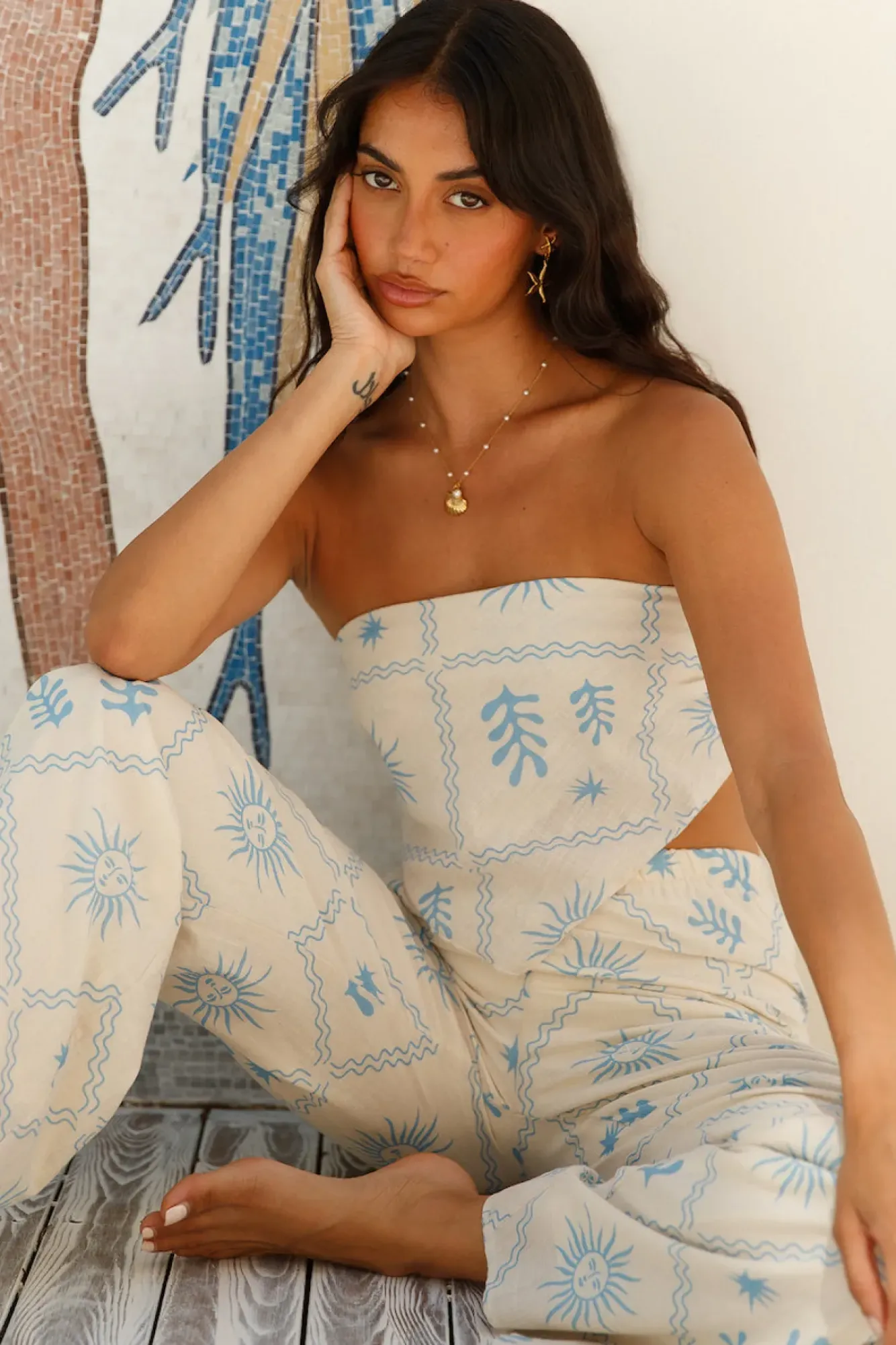 Two-Piece Pants Set>Hello Molly Glistening Waves Set Blue