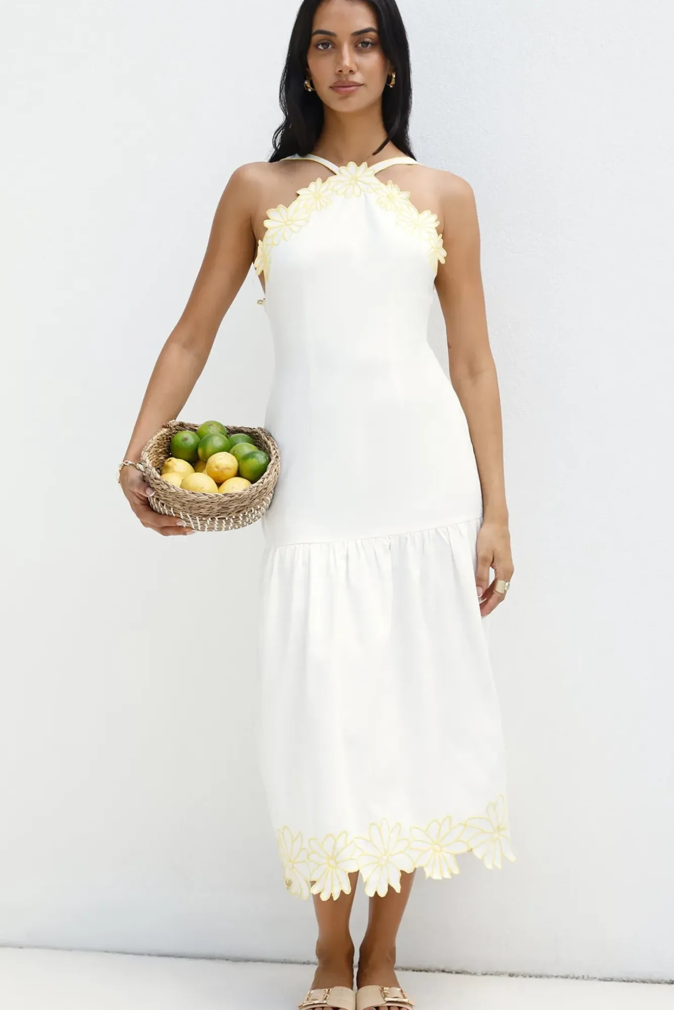 Vacation Dresses|Date Night Dresses>Hello Molly Golden Petals Midi Dress White