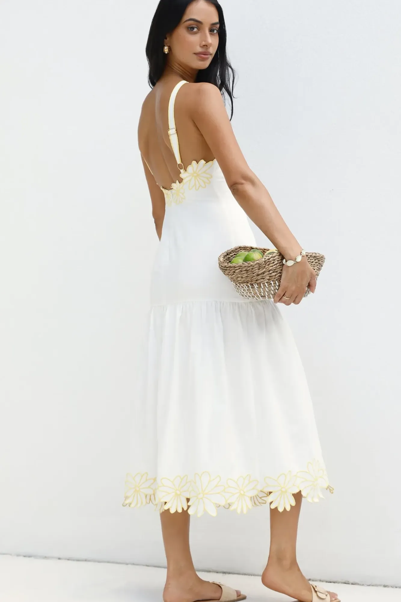 Vacation Dresses|Date Night Dresses>Hello Molly Golden Petals Midi Dress White