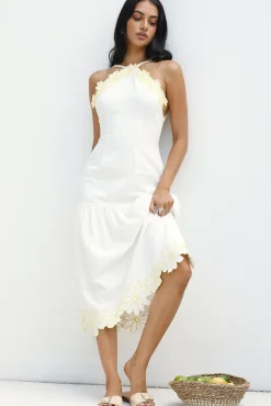 Vacation Dresses|Date Night Dresses>Hello Molly Golden Petals Midi Dress White