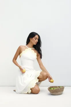 Vacation Dresses|Date Night Dresses>Hello Molly Golden Petals Midi Dress White