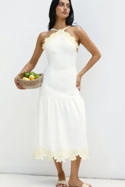 Vacation Dresses|Date Night Dresses>Hello Molly Golden Petals Midi Dress White