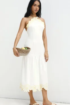 Vacation Dresses|Date Night Dresses>Hello Molly Golden Petals Midi Dress White