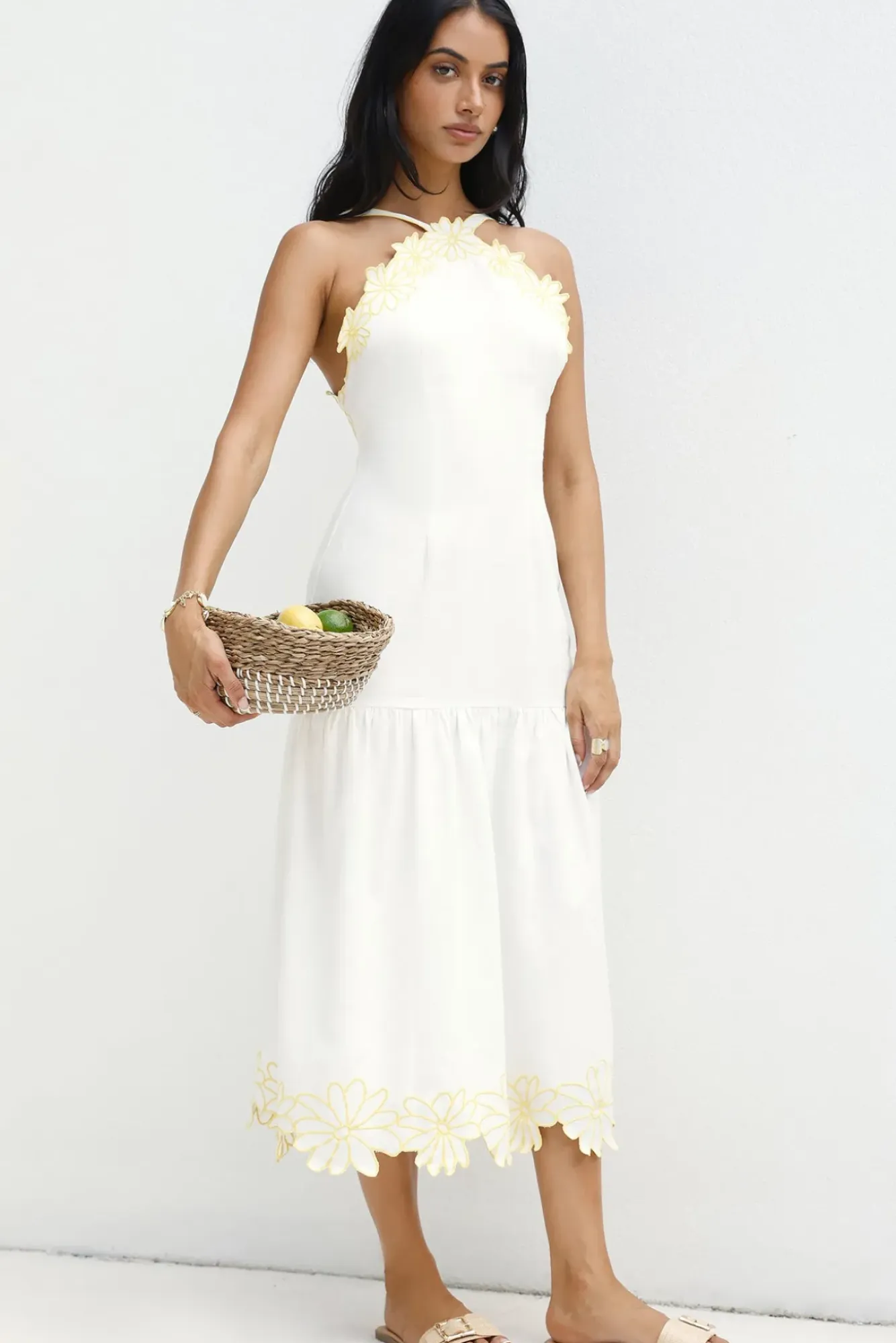 Vacation Dresses|Date Night Dresses>Hello Molly Golden Petals Midi Dress White