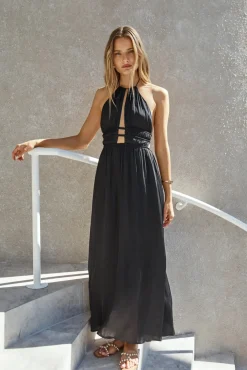 Vacation Dresses|Date Night Dresses>Hello Molly Happy Hour Halter Maxi Dress Black