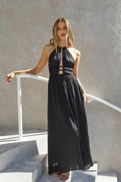 Vacation Dresses|Date Night Dresses>Hello Molly Happy Hour Halter Maxi Dress Black